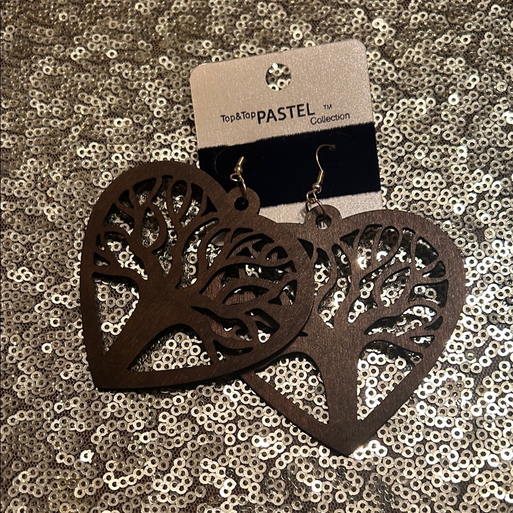 Wood Heart Tree of Life Earrings - Dark Brown